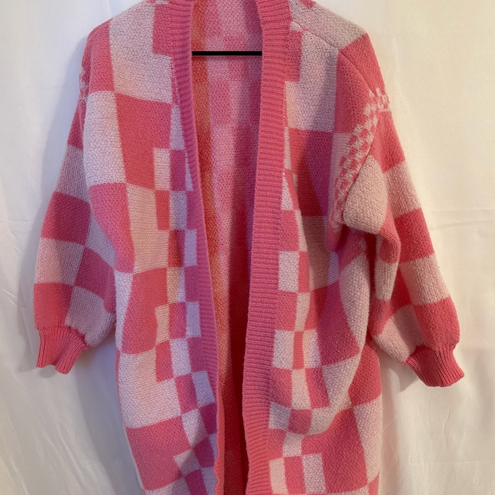 SHEIN Pink and White Checkered Cardigan